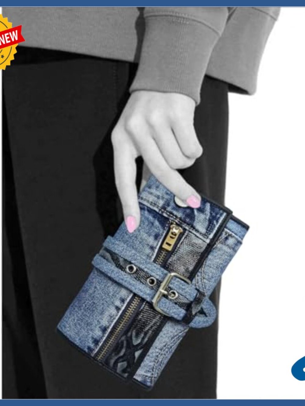 Denim Bifold Wallet with Snakeskin Accents Zipper Clutch Purse - Picture 7 of 7